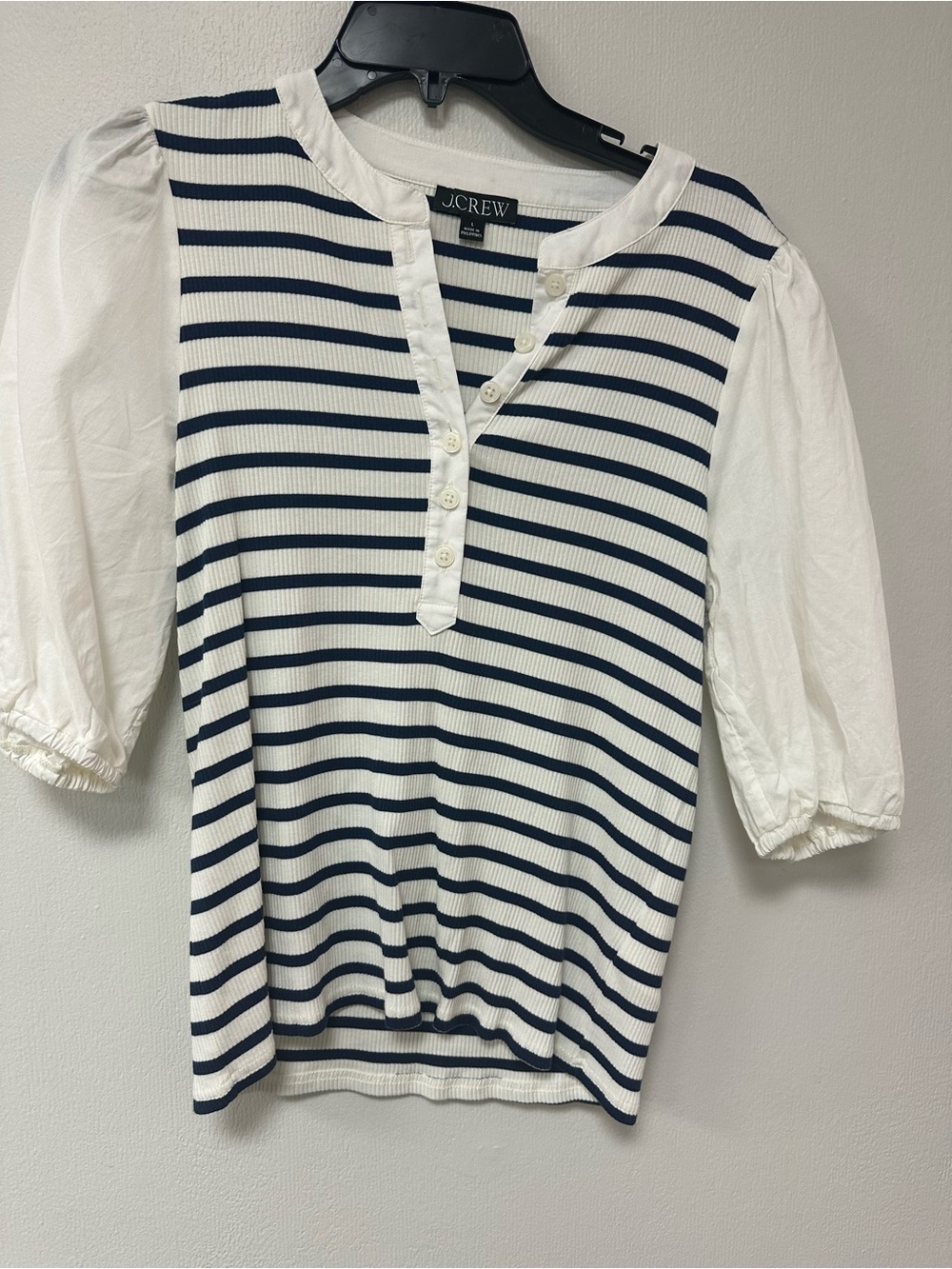 J. Crew White and Navy Striped Henley with Puff Sleeves